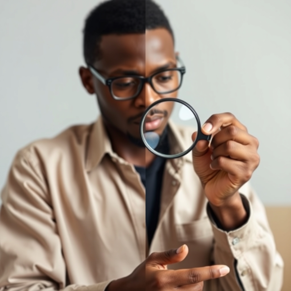A Nigerian entrepreneur comparing cheap web hosting Nigeria plans with a magnifying glass