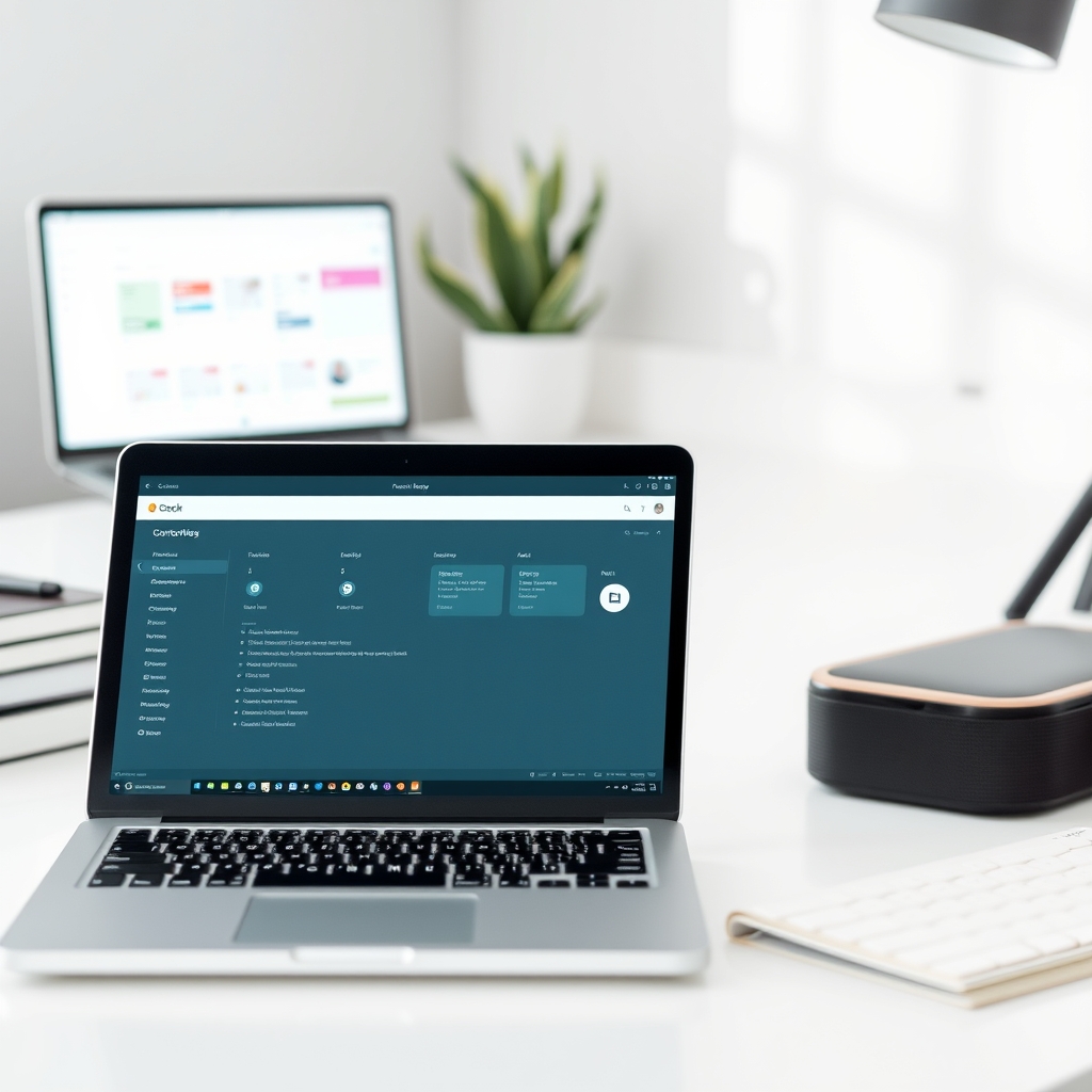 Laptop showing automated freelance productivity workflows with calendars, tasks, and invoicing tools on a clean desk